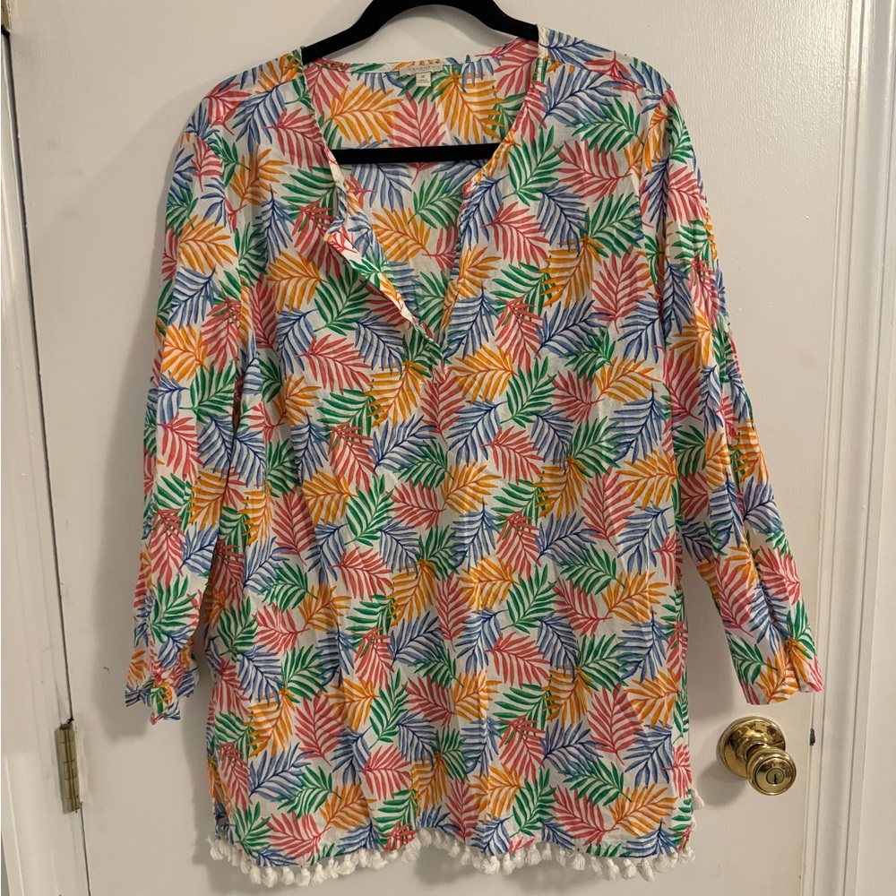 Talbots Beach Cover Up Tunic Rainbow Floral Leaf Print 100% Cotton